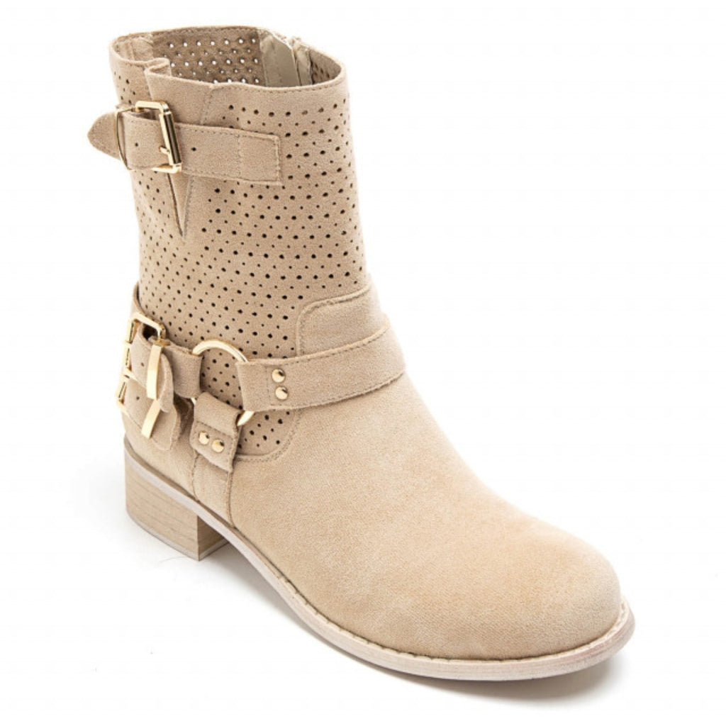 Malou Dame Bikerstøvler 9636a – Beige Udsalg!